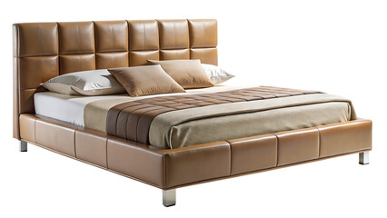 modern double bed isolated on white background, png, ai generated.