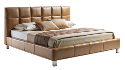 modern double bed isolated on white background, png, ai generated.
