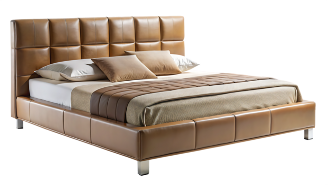 modern double bed isolated on white background, png, ai generated.