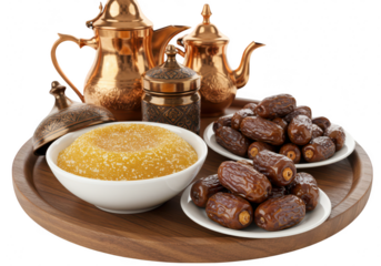 A traditional middle eastern refreshment spread featuring sweet dates, a bowl of marmalade, and copper tea pots on a wooden tray, isolated on a transparent background