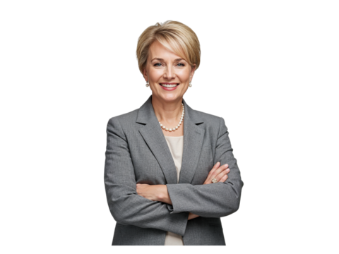 Confident mature woman business professional wearing a grey suit and pearl necklace with arms crossed isolated on transparent background