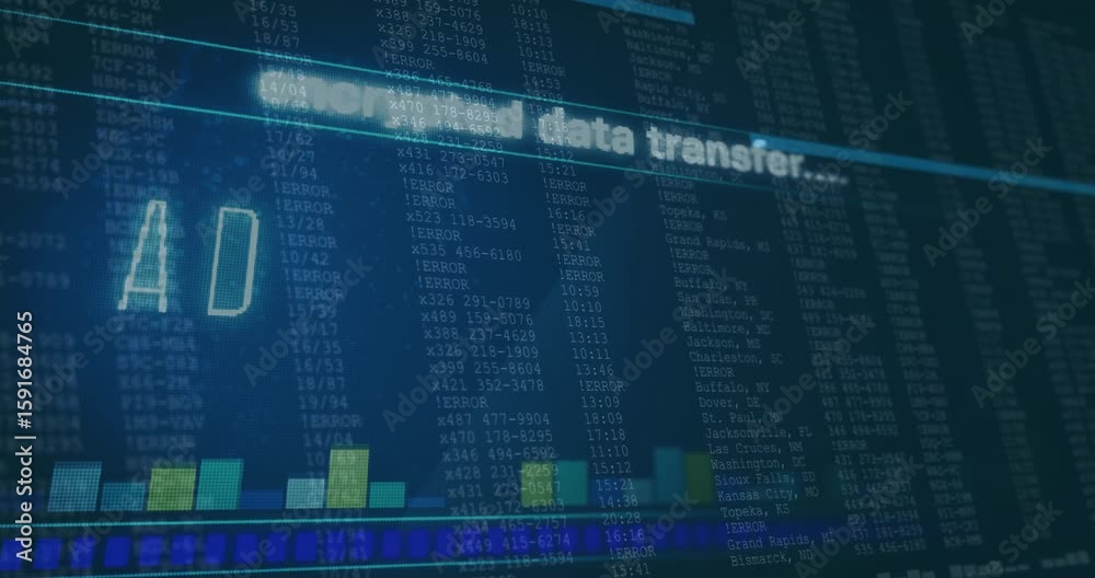 Poster screen fading into blue gradient triggers interface animating encrypted data transfer for security