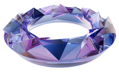 3D rendering of purple and blue glass triangles arranged in the shape of an arrow on a transparent background, in a futuristic style.
