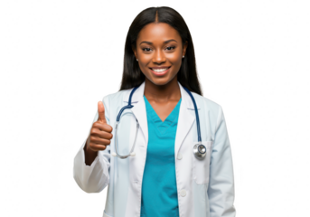 A confident female doctor in a white lab coat gives a thumbs up, isolated on a transparent background, signifying excellent healthcare and medical expertise