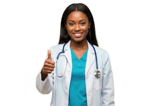 A confident female doctor in a white lab coat gives a thumbs up, isolated on a transparent background, signifying excellent healthcare and medical expertise