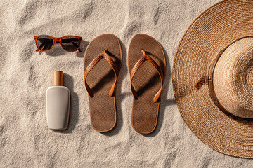 Beach essentials await: Sunscreen, hat, sandals, and shades on sand. Ideal for travel blogs, vacation promos, and summer marketing. Top-down view, bright.