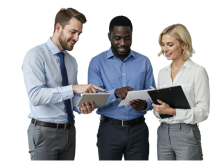 Three diverse business professionals collaborating and discussing documents and tablets in a modern office setting isolated on transparent background