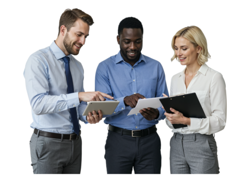 Three diverse business professionals collaborating and discussing documents and tablets in a modern office setting isolated on transparent background - Powered by Adobe