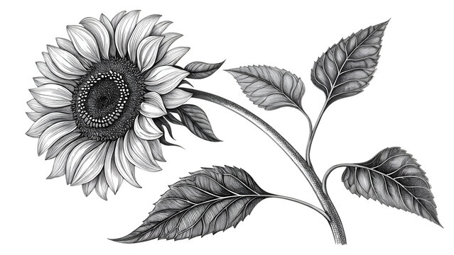 Detailed Engraved Sunflower with Stem and Leaves - Vector Art