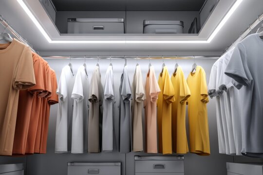 A neatly organized closet displays a vibrant collection of t-shirts in various colors, ready to wear.