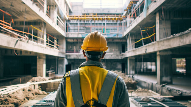 Construction worker surveys unfinished building's interior, assessing progress amidst exposed concrete and scaffolding.
