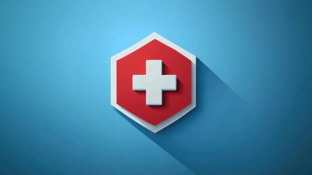 Health and safety emblem for first aid. Red and white design with a cross in the center.