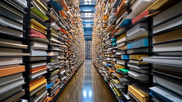 A long corridor filled with many bookshelves, densely packed with colorful books and documents