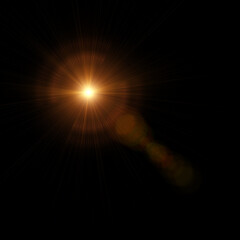 A solitary golden star shines brightly illuminating hope in the dark night sky with a vibrant lens flare and sharp