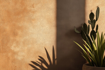 Sunlit Sandstone Wall with Cactus Shadows. Minimal Desert-Inspired Commercial Photography Background