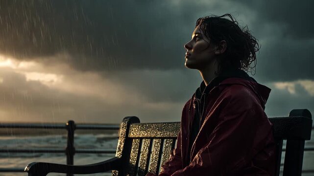 A sad woman sits quietly on a bench, lost in thought as rain pours down around her under dark storm clouds at dusk
