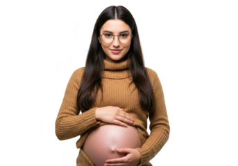 A pregnant woman with long dark hair and glasses holds her belly, wearing a turtleneck sweater, isolated on white isolated on transparent background