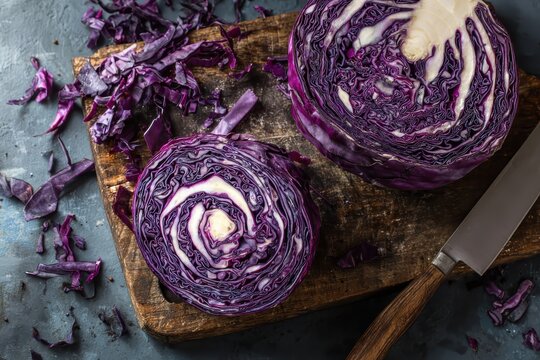 Sliced red cabbage on wood board used as cooking ingredient, blue textural back