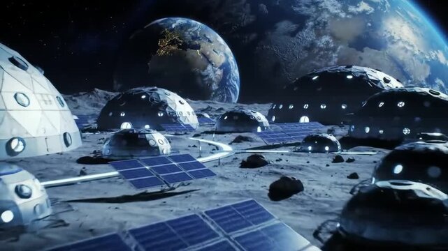 A moon base city with solar panels and domed buildings under Earthlight, representing sustainable living in outer space.