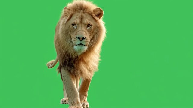 Front on view of a lion walking with a green screen background