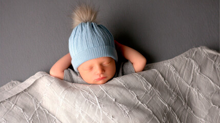 A sleeping newborn baby in light blue , wearing an outfit with a matching hat and shoes.