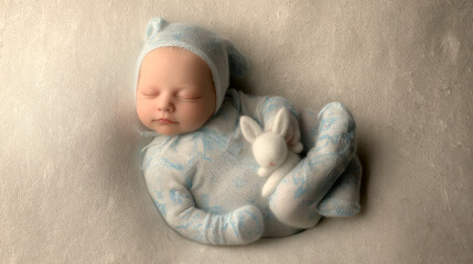 A sleeping newborn baby in light blue , wearing an outfit with a matching hat and shoes.