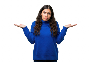 A young woman in a blue turtleneck sweater shrugs with her palms open, looking confused and uncertain isolated on transparent background