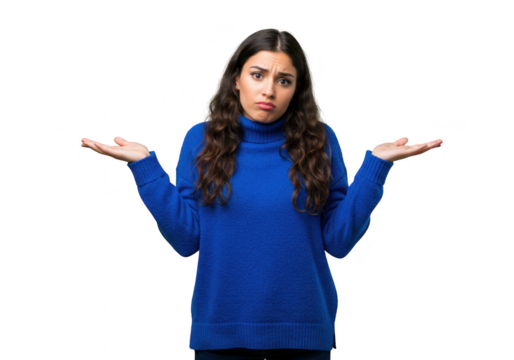 A young woman in a blue turtleneck sweater shrugs with her palms open, looking confused and uncertain isolated on transparent background - Powered by Adobe