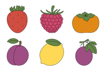 clipart vector illustration set of Strawberry, Raspberry, Persimmon, Plum, Lemon, Passion Fruit
