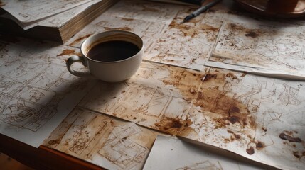 CoffeeStained Sketches on a Workspace