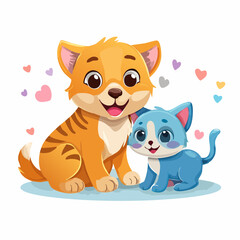 Playful Kitten and Puppy Cartoon Characters