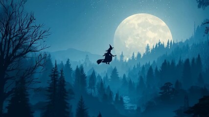 Witch Flying Over Moonlit Forest - Powered by Adobe