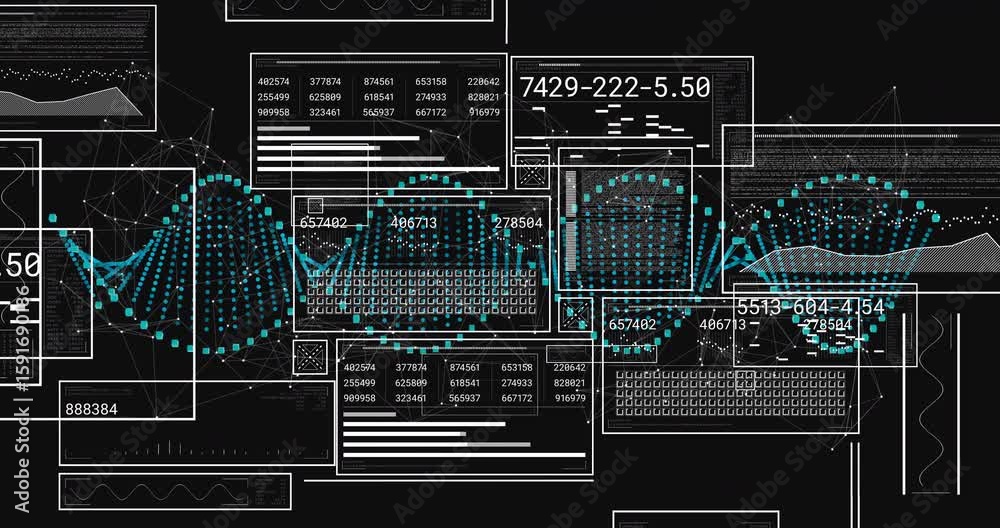 Poster wireframe network starting teal waveform sweeping panels, visualizing numeric data streams