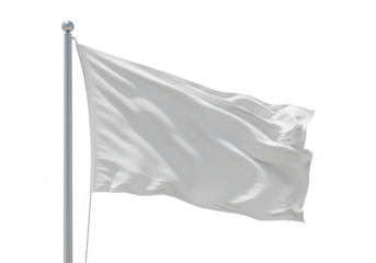 A plain white flag waving in the wind on a metal pole, isolated on white isolated on transparent background