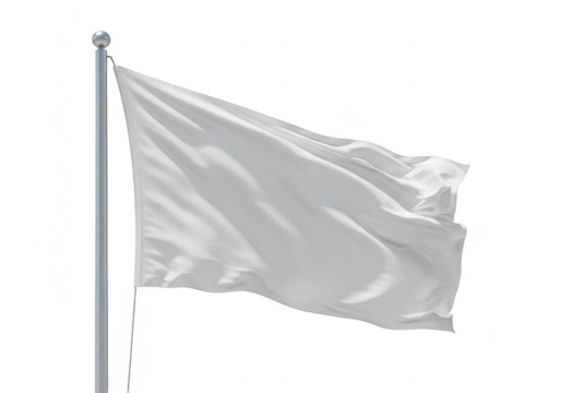 A plain white flag waving in the wind on a metal pole, isolated on white isolated on transparent background