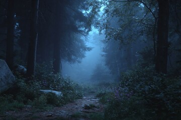 A mysterious path winds through a misty and atmospheric forest.