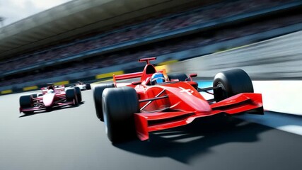 Red race cars compete fiercely on the track under a clear blue sky with intense audience engagement at a motorsport event