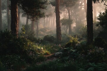 Fototapeta premium Sunlit forest path leading into misty woods, creating a beautiful scene of tranquility.