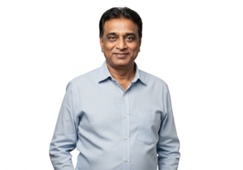 A smiling middleaged indian man in a collared shirt looks confidently at the camera, isolated on a transparent background