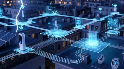 Futuristic cityscape showcasing smart technology integration with digital interfaces and connectivity - Powered by Adobe