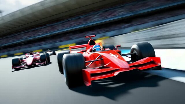 Red race cars compete fiercely on the track under a clear blue sky with intense audience engagement at a motorsport event
