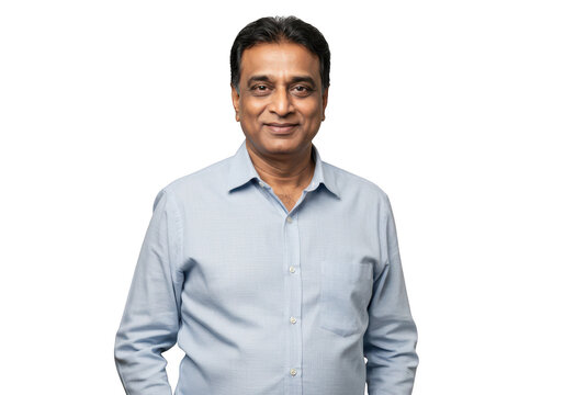 A smiling middleaged indian man in a collared shirt looks confidently at the camera, isolated on a transparent background