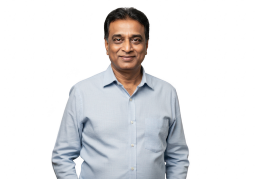 A smiling middleaged indian man in a collared shirt looks confidently at the camera, isolated on a transparent background - Powered by Adobe