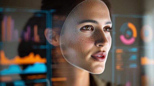 Woman with digital grid on face engaging with interactive data displays in contemporary setting, scanning facial features showcasing advancements in biometric verification technology