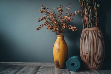 Rustic yoga space, dried plants, muted colors