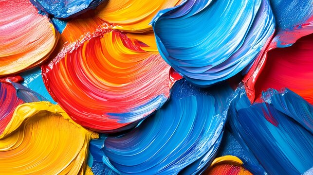 Abstract colorful acrylic paint swatches with vibrant blue red yellow orange textures and swirling brushstrokes for creative art and design backgrounds