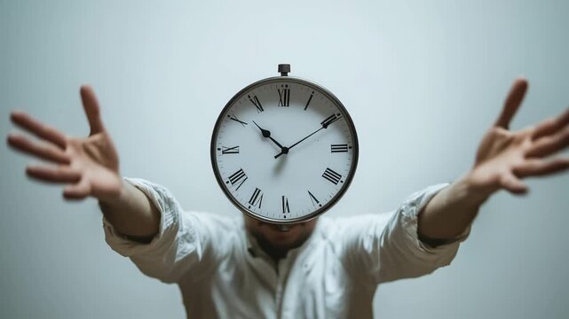 A man with a clock on his head stands with arms outstretched while particles explode around him on white backdrop, a surreal representation of time shattering