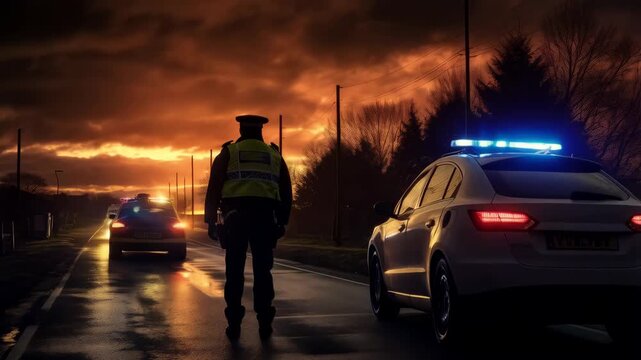 road blocked by police cars and officers in sunset light, police raid concept