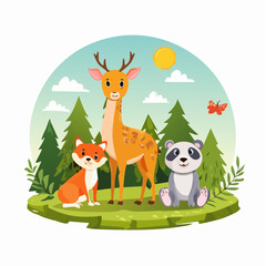 Adorable Cartoon Animals in Nature Vector Illustration