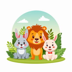 Adorable Cartoon Animals in Nature Vector Illustration